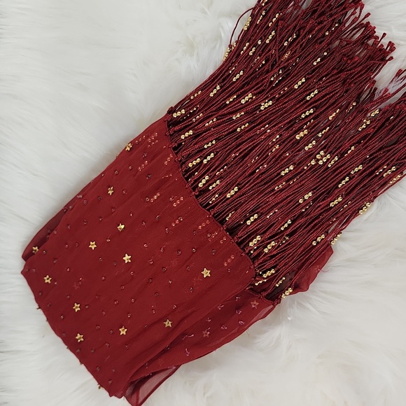 Fashion Scarf, Red with gold hardware and fringes, 70" long. - Picture 5 of 6